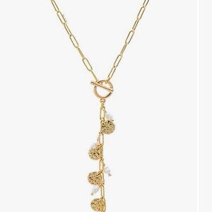 Adina Eden Textured Coin & Pearl Drop Lariat Necklace NWT